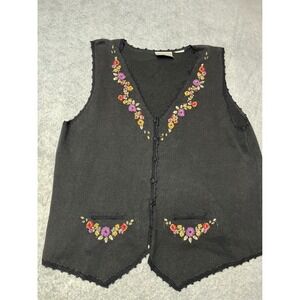 Erika Studio Vintage Black Knit Floral Embroidered Sweater Vest Crochet Trim XL